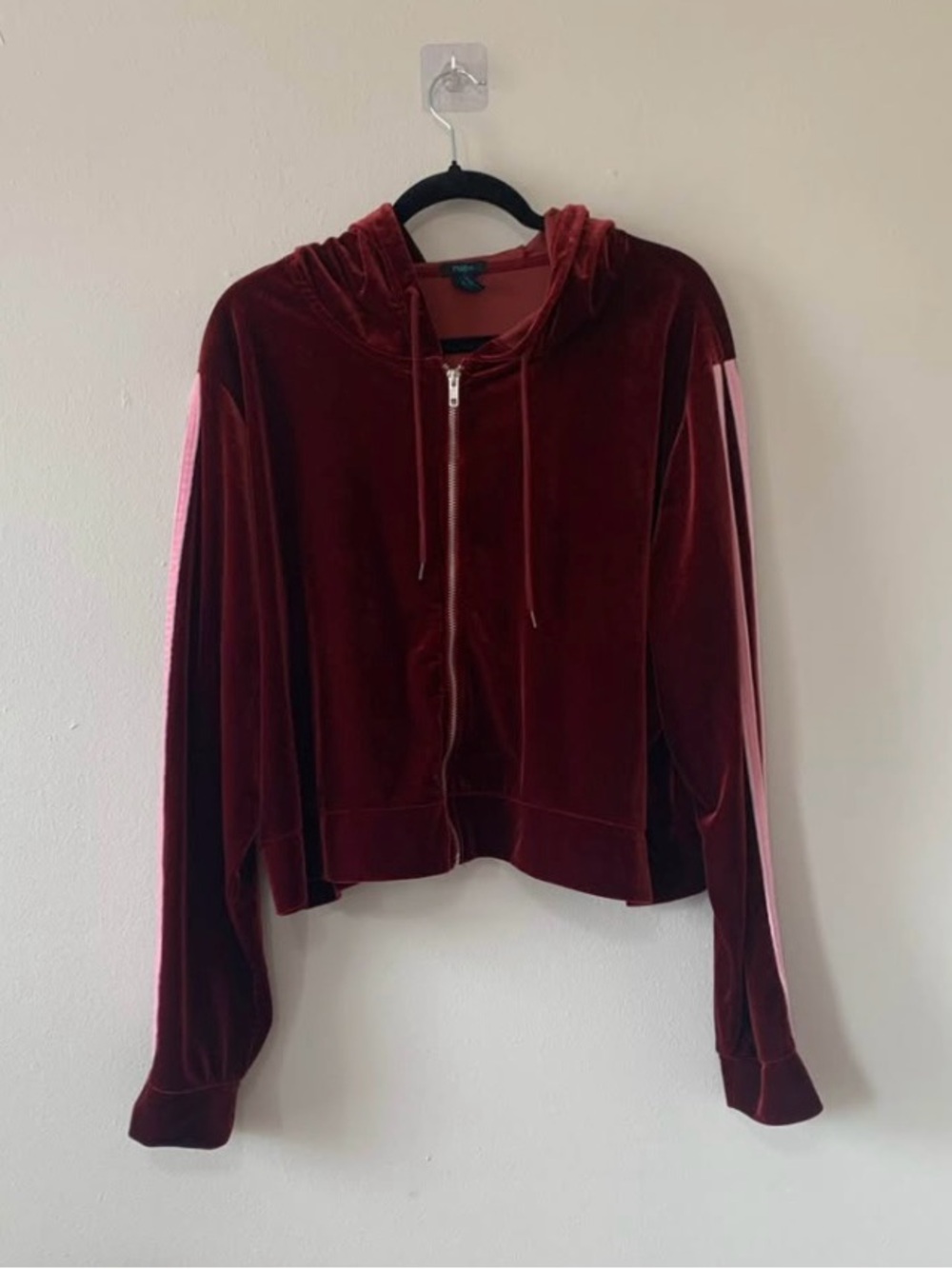 Y2K Rue-21 Zip Up Sweater Drawstring Hood Maroon Pink Side Stripes Women’s 2X